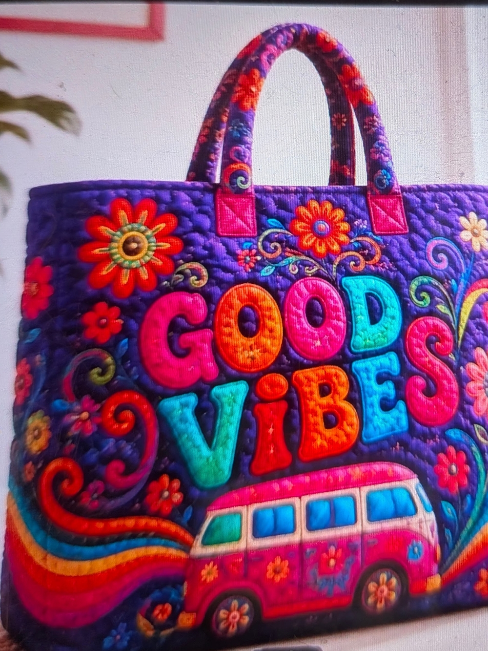 Source Unknown Purple Quilted Tote with Multicolor 'Good Vibes' Embroidery